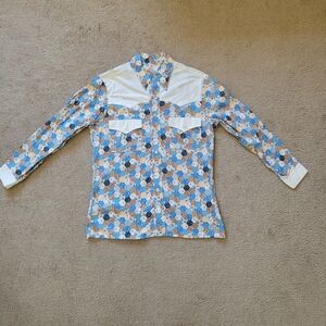 Vintage 70s Homemade Western Shirt Small Brown Blue White Patchwork Check Small